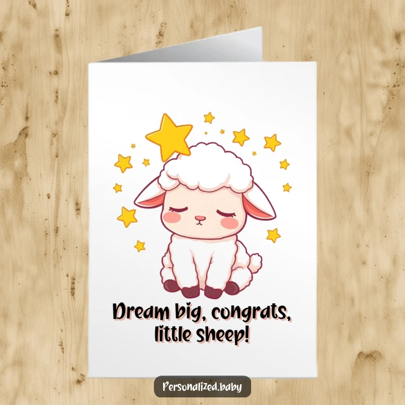Funny Free Printable Congratulations Card: Sleepy lamb dreaming with stars around its head, conveying calm congrats.