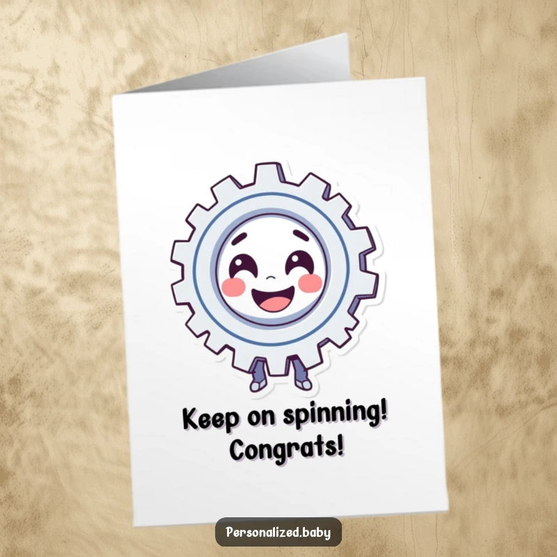 Funny Free Printable Congrats Card: Smiling gear character in playful motion, symbolizing efficient success and congratulations.