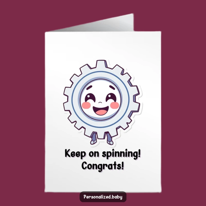 Free Printable Congrats Card: Smiling Gear Character, Funny Downloadable Gift for Mechanical Minds