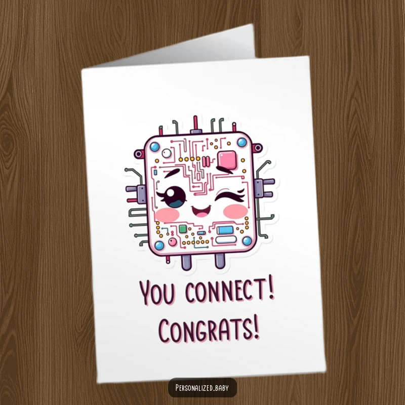Funny Free Printable Congrats Card: Cheerful circuit board character winking, signifying smart success and clever congratulations.