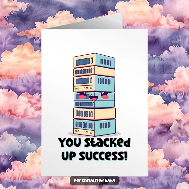 Funny Free Printable Congratulations Card: a giggling stack of wobbly data blocks celebrating success.