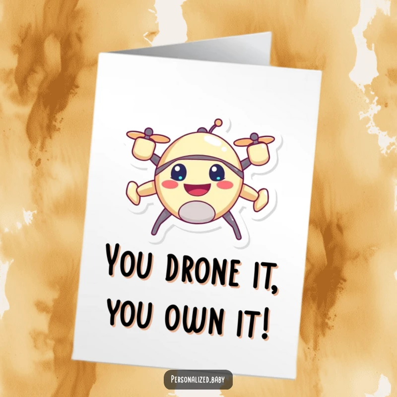Funny Free Printable Congratulations Card showing a happy, grinning drone mid-flight, celebrating success with high-flying cheer.