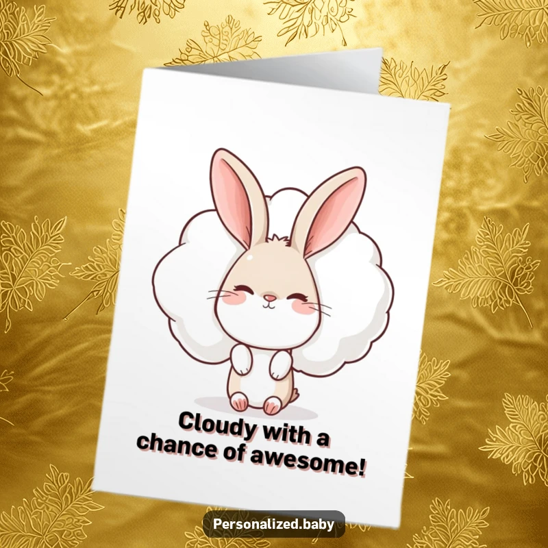 Funny Free Printable Congratulations Card with a curious rabbit peeking from a giant, winking cloud, offering a delightful surprise.