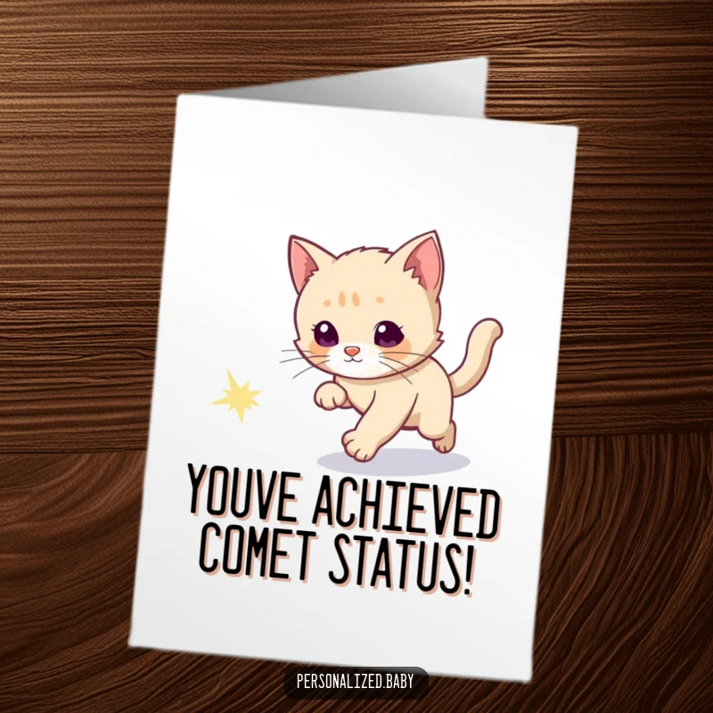 Funny Free Printable Congrats Card: Curious kitten chasing a sparkly comet tail, celebrating a big win.