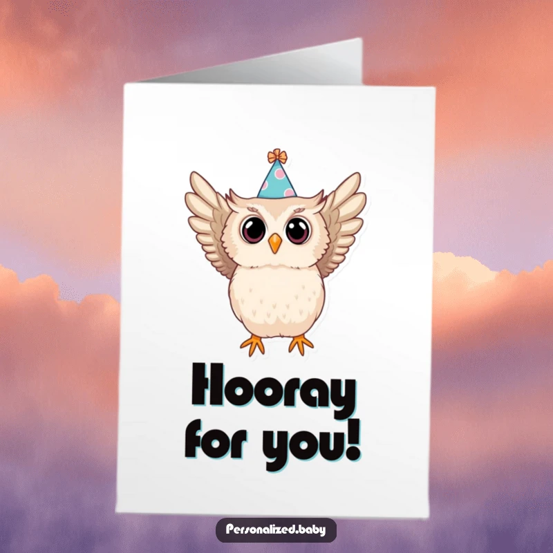 Funny Free Printable Congratulations Card featuring a baby owl in a party hat dramatically swooping. DIY announcement digital download.