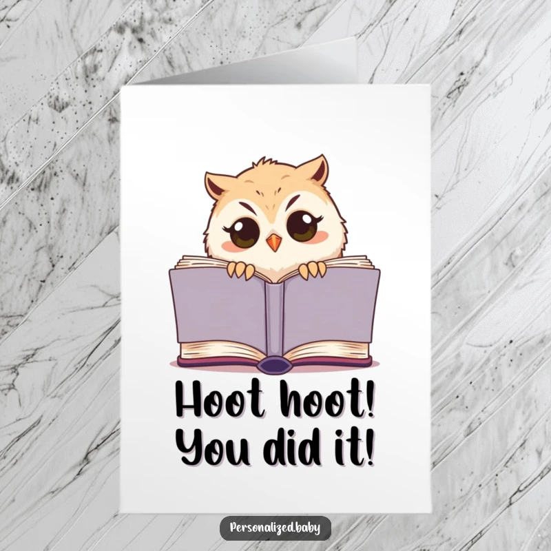 Funny Free Printable Congratulations Card: A sleepy owl chick with huge eyes peeks from a book, celebrating an achievement.