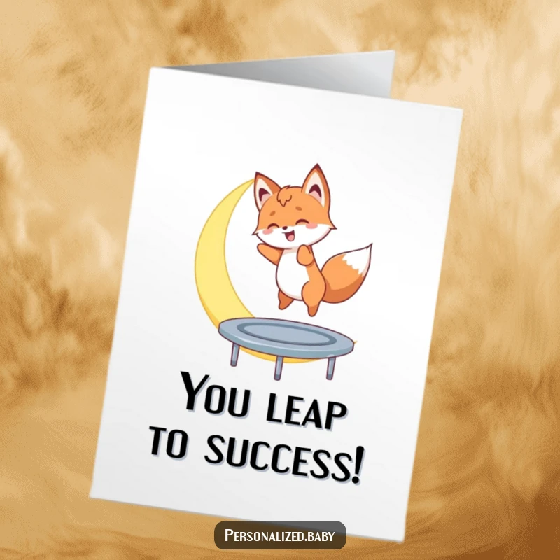Funny Free Printable Congratulations Card featuring a fox cub bouncing on a moon. DIY digital download for celebrations.