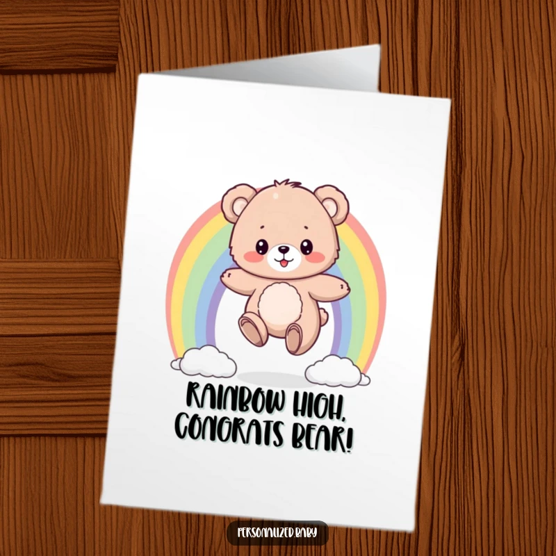 Funny Free Printable Bear Congratulations Card: A fluffy bear cub bouncing on a colorful rainbow, celebrating a success.