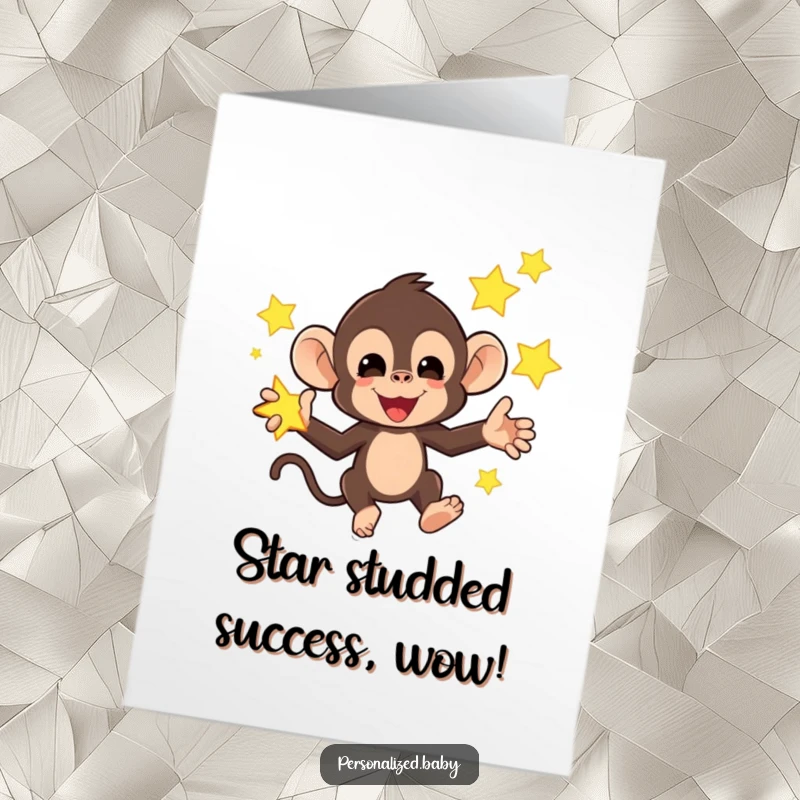 Funny Free Printable Monkey Congratulations Card: A mischievous monkey juggling bright, glowing stars, celebrating an achievement.