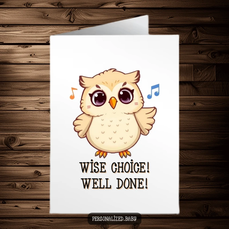 Funny Free Printable Congratulations Card: Owl looking surprised, melodically hooting to celebrate a fantastic achievement with musical flair.