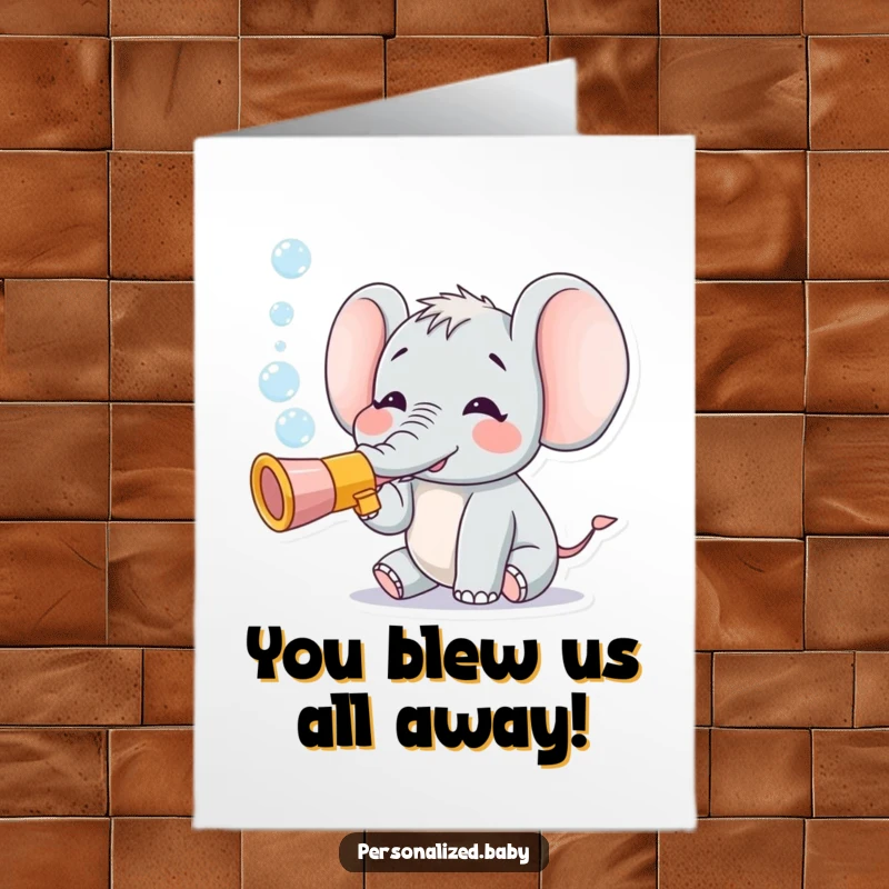 Funny Free Printable Congratulations Card: Elly the elephant character joyfully blowing a cascade of bubbles from a toy trumpet.