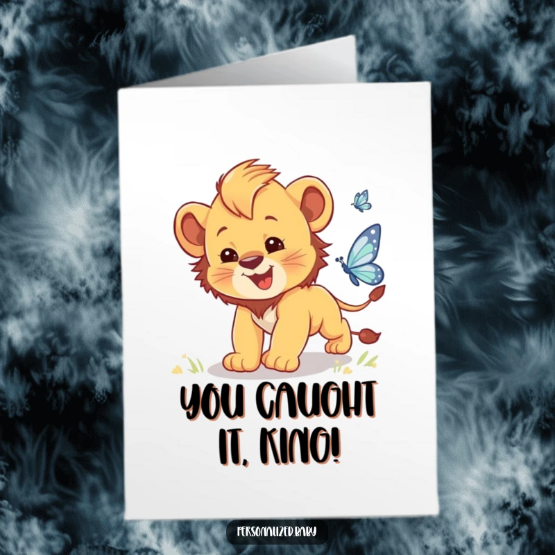 Funny Free Printable Lion Cub Congratulations Card: A silly baby lion cub comically pursues a dazzling butterfly.