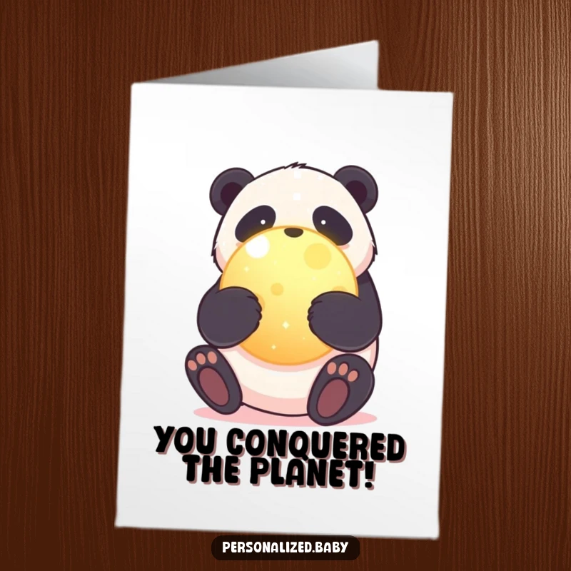 Funny Free Printable Panda Congratulations Card: Adorable panda giving a warm hug to a glowing planet.