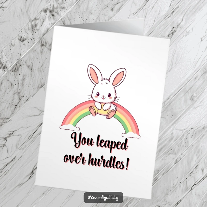 Funny Free Printable Bunny Congratulations Card: Cute bunny with big ears jumping over a colorful rainbow.
