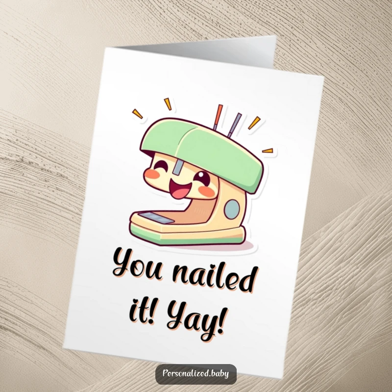 Funny Free Printable Congratulations Card of an excited stapler character, launching staples in celebration of good news.