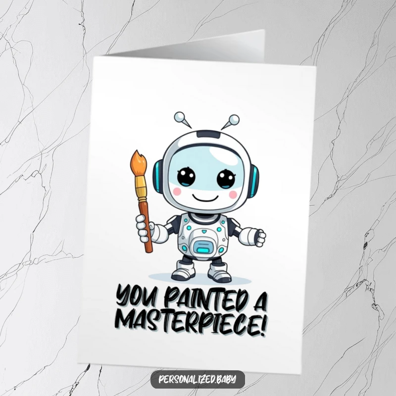 Funny Free Printable Congratulations Card: Smiling AI robot holding a paintbrush, having just completed an impressive artistic creation.