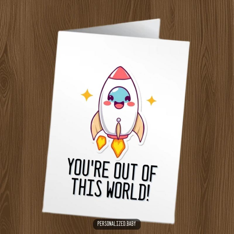 Funny Free Printable Congrats Card: Beamimg rocket ship character joyfully launching, signifying success and congratulations.