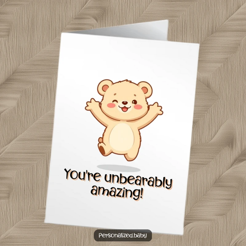 Funny Free Printable Congratulations Card: Fluffy bear cub jumping gleefully with outstretched arms. Humorous downloadable gift.