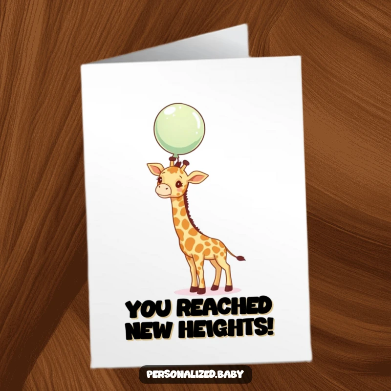 Funny Free Printable Congratulations Card: A curious giraffe calf stretching its neck to enthusiastically reach a floating balloon.