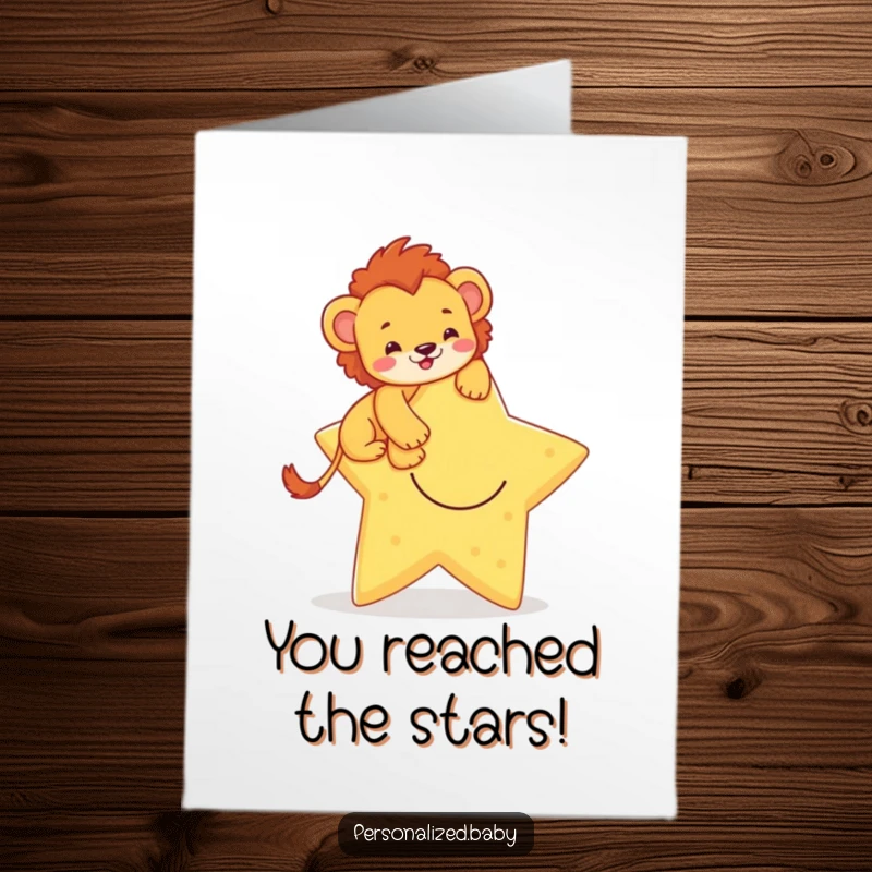 Funny Free Printable Lion Cub Congratulations Card: Determined cub scales a huge smiling star in celebration of success.