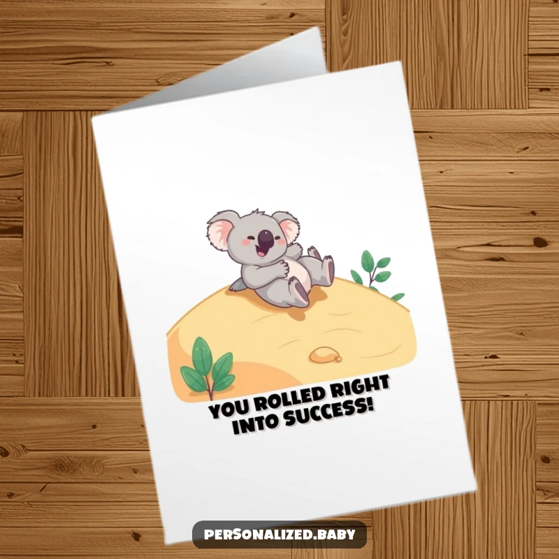 Funny Free Printable Congratulations Card: Giggling koala bear tumbling down a hillside, celebrating a win.