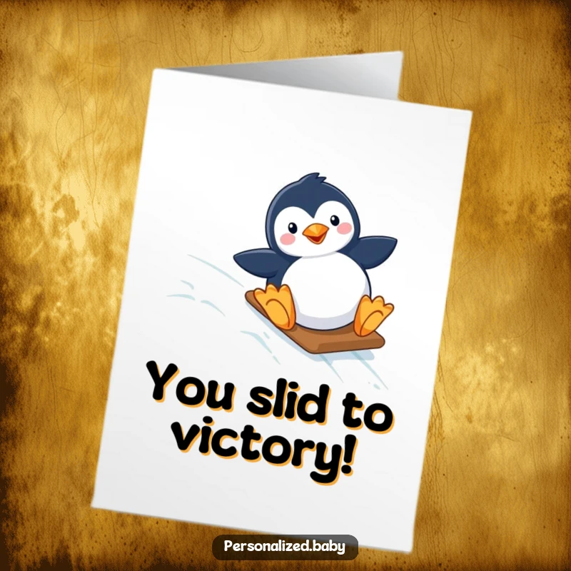 Funny Free Printable Penguin Congratulations Card: Penguin celebrating big slide down a starry slope, conveying excitement.