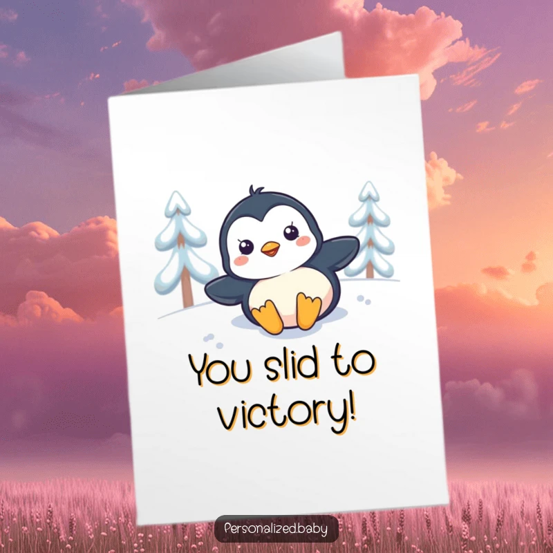 Funny Free Printable Congratulations Card: A happy penguin chick sliding downhill on its belly, celebrating success with enthusiasm.