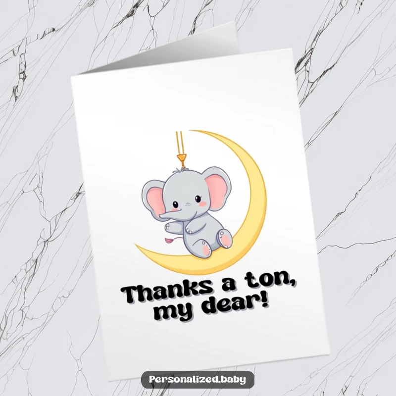 Funny Free Printable Elephant Thank You Card: A tiny elephant gleefully swinging from a moon crescent, expressing gratitude.
