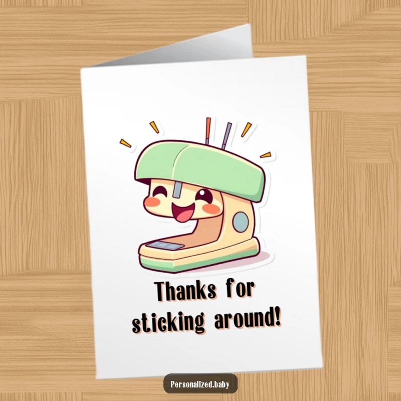 Funny Free Printable Thank You Card of a smiling stapler character, showering gratitude with popping staples.