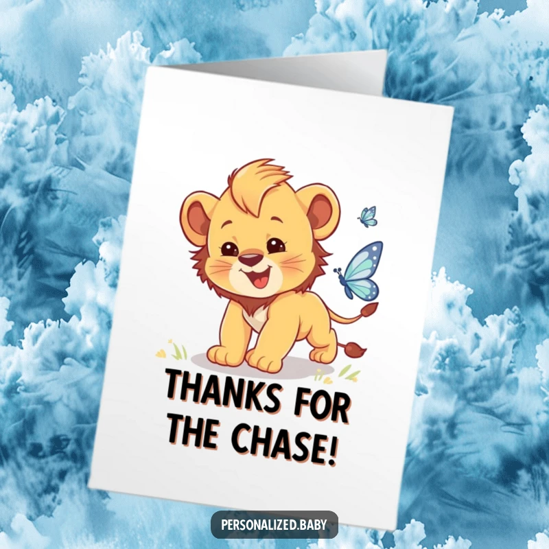 Funny Free Printable Lion Cub Thank You Card: A playful baby lion cub comically hunts a sparkly butterfly.