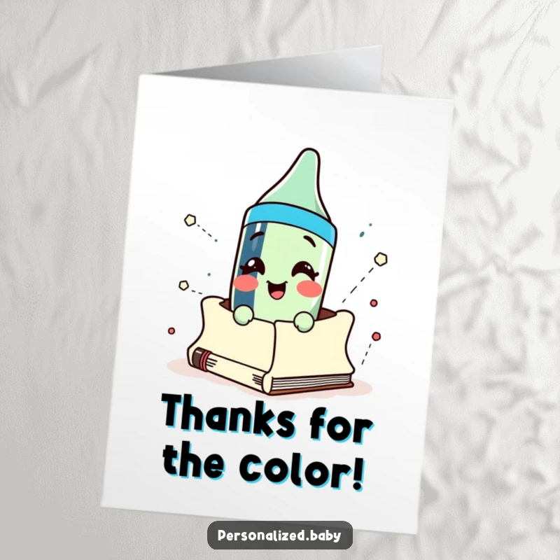 Funny Free Printable Thank You Card: A cheerful cartoon crayon bursting enthusiastically from a sketchbook, showing thanks.