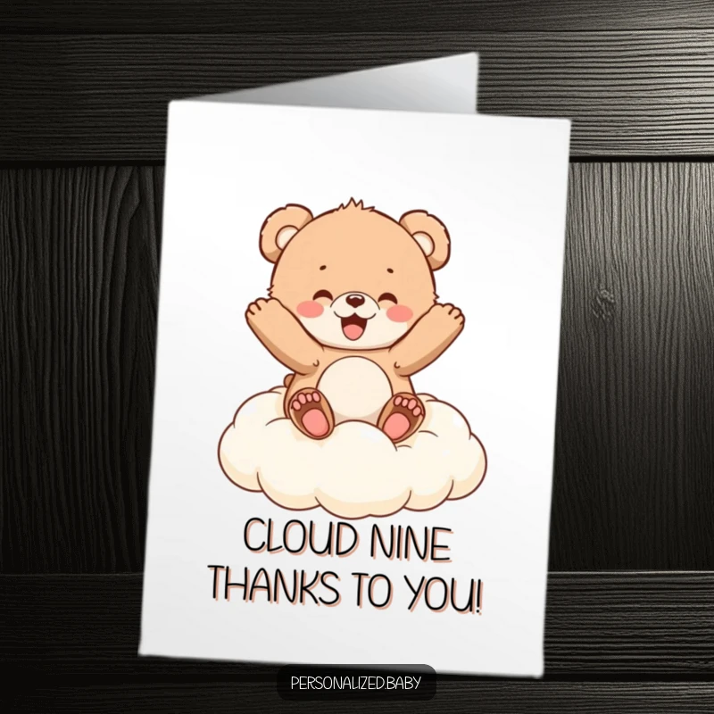 Funny Free Printable Thank You Card: Fluffy bear cub bouncing gleefully on a cloud cushion, expressing thanks.