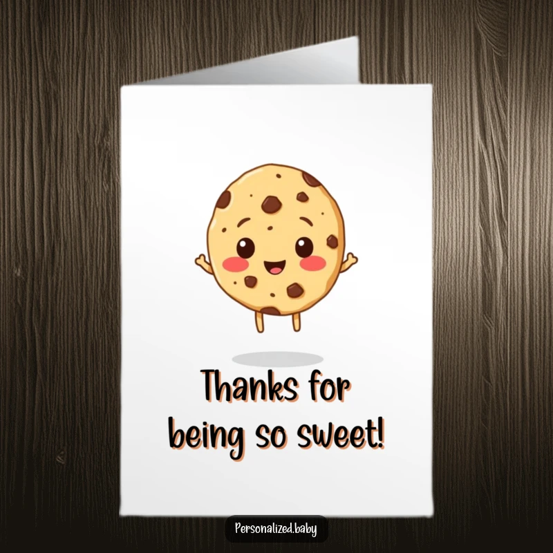 Funny Free Printable Thank You Card: A cheerful cookie with chocolate chip freckles bouncing to show thanks.