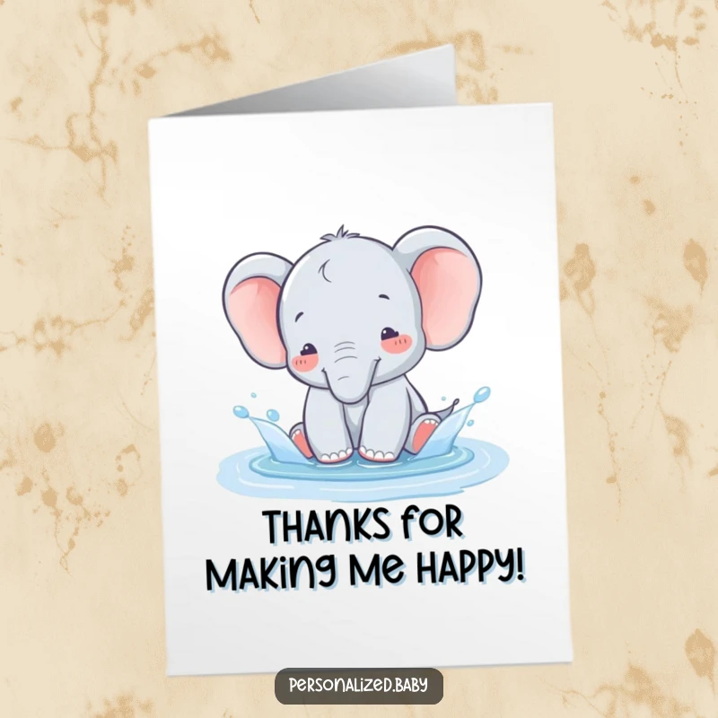 Funny Free Printable Thank You Card: A cute baby elephant happily splashing in a puddle, conveying heartfelt thanks.