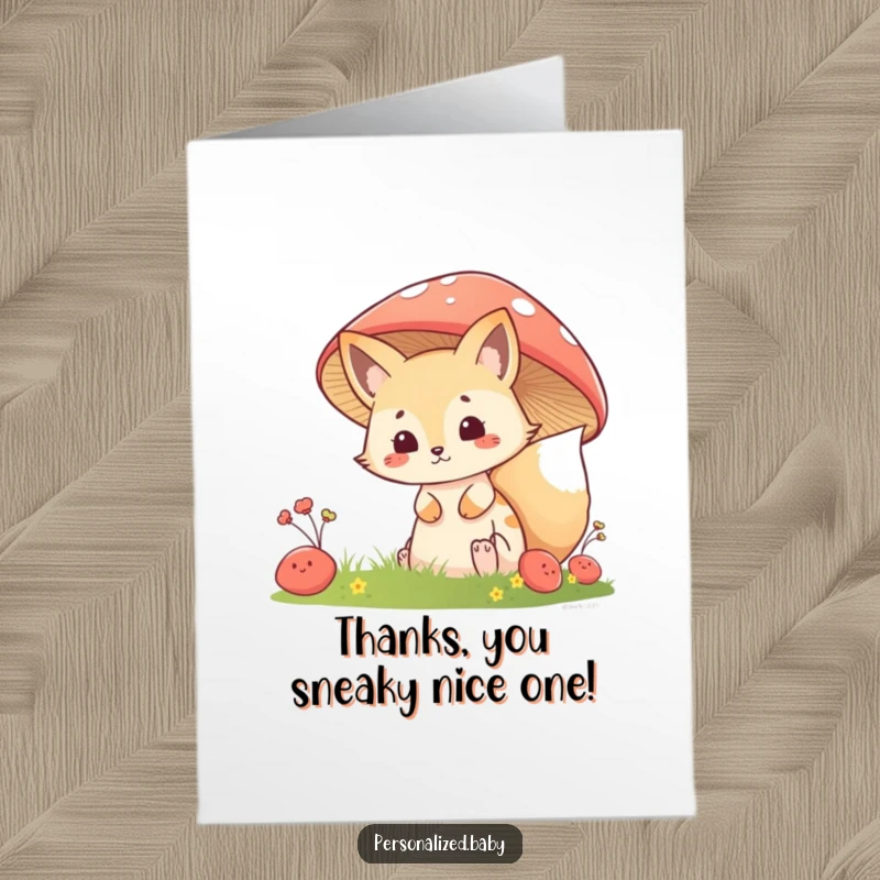 Funny Free Printable Thank You Card: Mischievous fox kit peeking from behind a mushroom, a playful thanks.