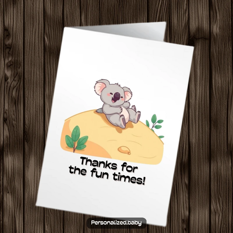 Funny Free Printable Thank You Card: Giggling koala bear tumbling down a hill, expressing thanks.