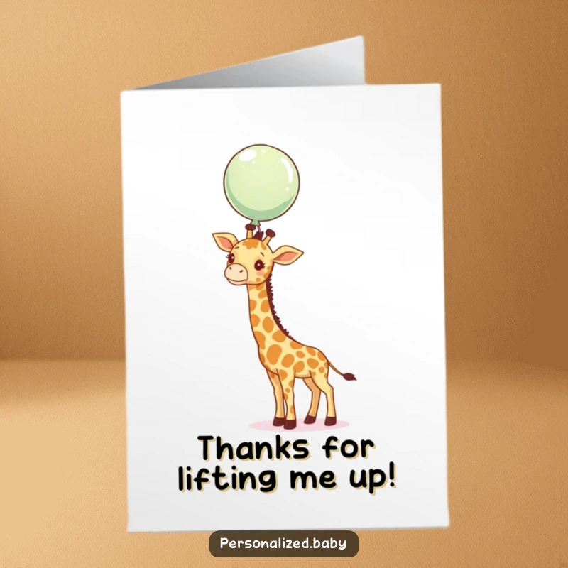 Funny Free Printable Thank You Card: A curious baby giraffe stretching its neck to gently touch a hovering balloon, expressing thanks.