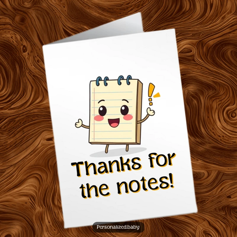 Funny Free Printable Thank You Card: A rolling notepad character with a bouncing exclamation mark, expressing thanks cheerfully.