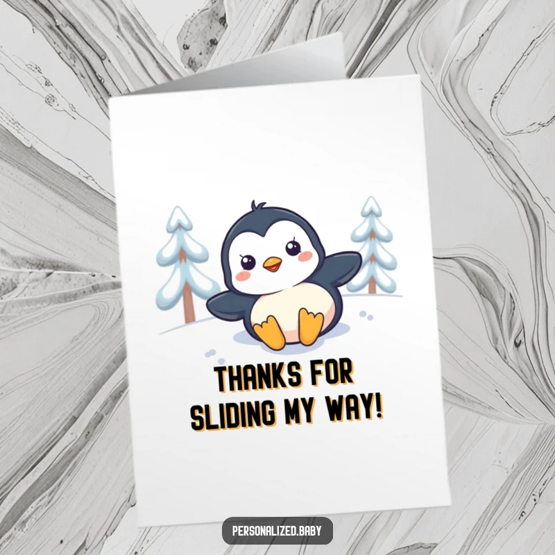 Funny Free Printable Thank You Card: A cute penguin chick sliding on its belly down a snowy slope, conveying thanks.