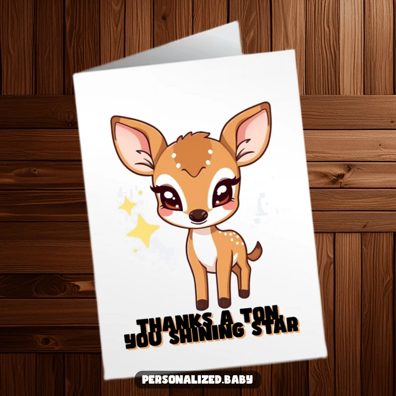 Funny Free Printable Thank You Card: A shy deer fawn peeks with large eyes from behind a twinkling star.
