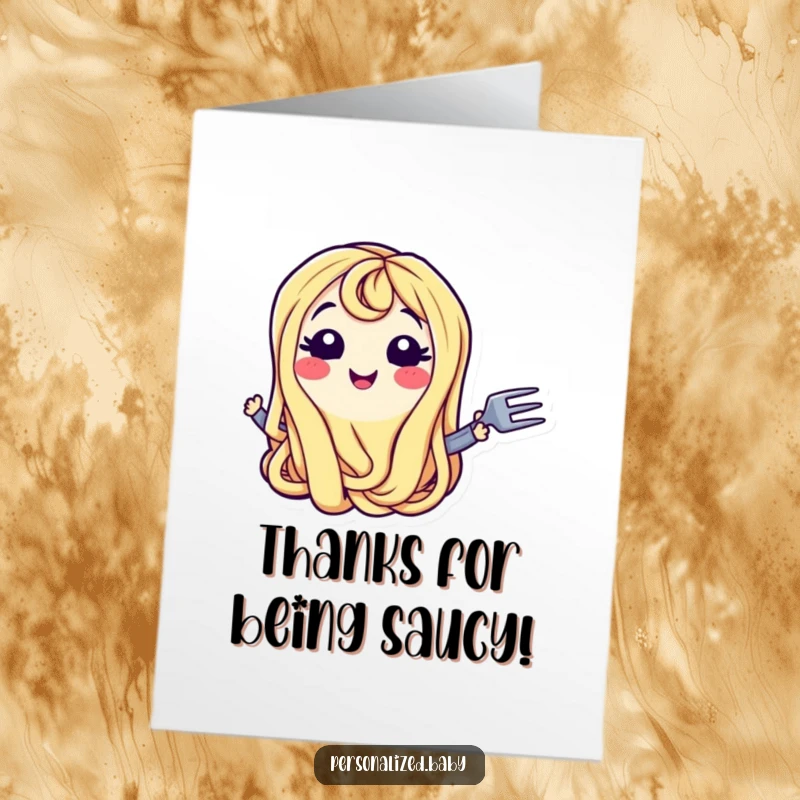 Funny Free Printable Thank You Card: Smiling spaghetti noodle character wiggling happily next to a fork, a fun thank you.