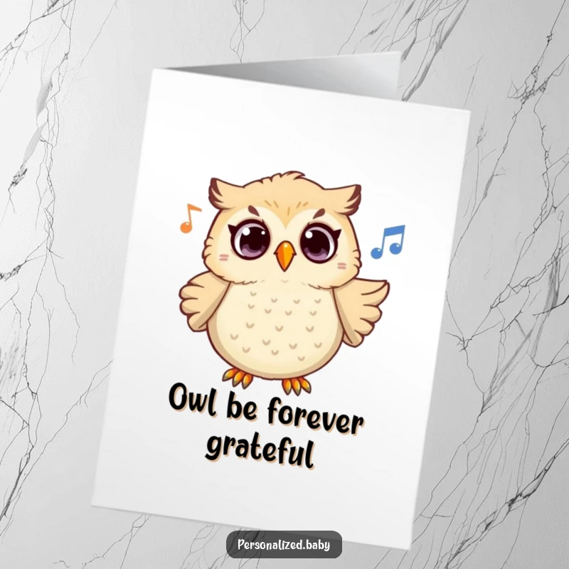 Funny Free Printable Thank You Card: Surprised owl hooting a beautiful melody, conveying thanks in a charming, unexpected way.