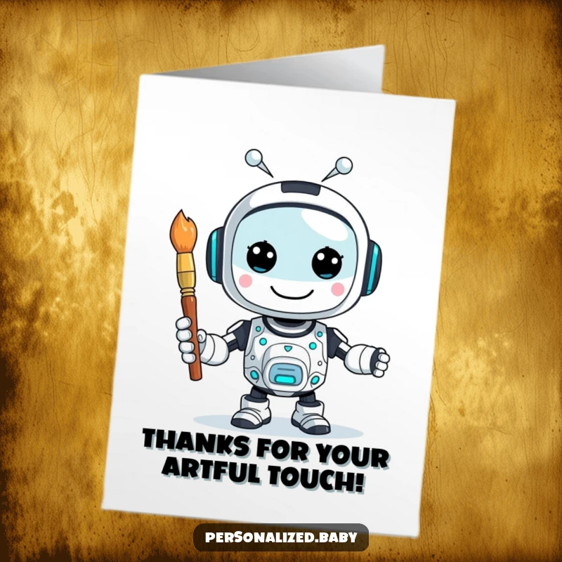 Funny Free Printable Thank You Card: Happy AI robot with a paintbrush, offering heartfelt thanks with a colorful artistic touch.