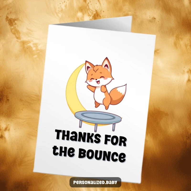 Funny Free Printable Thank You Card with a fox cub gleefully bouncing on a crescent moon. DIY digital thank you.