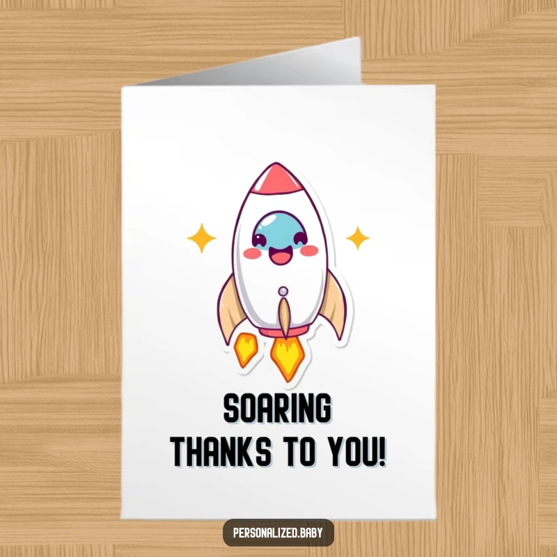 Funny Free Printable Thank You Card: Beaming rocket ship character launching, expressing gratitude with cosmic flair.