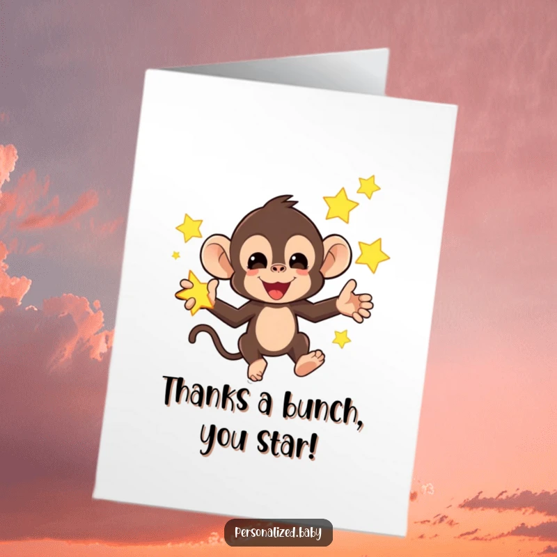 Funny Free Printable Monkey Thank You Card: A mischievous monkey juggling bright, glowing stars, expressing gratitude.
