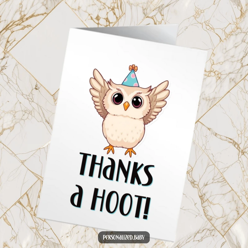 Funny Free Printable Thank You Card with a baby owl in a party hat swooping dramatically. DIY digital thank you.
