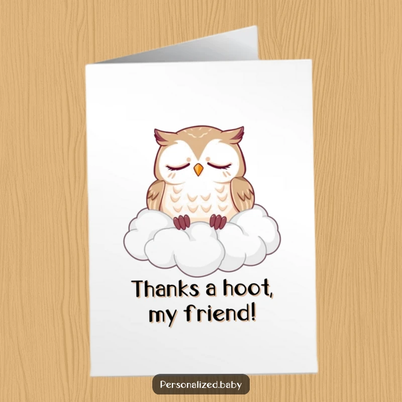 Funny Free Printable Owl Thank You Card: A sleepy owl dozes soundly on a fluffy cloud pile, expressing gratitude.