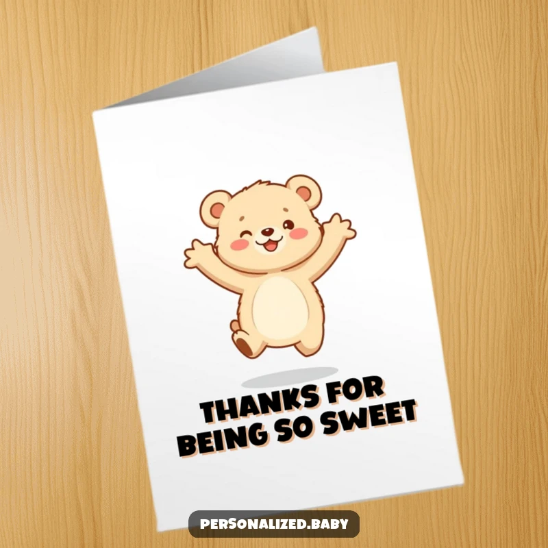 Funny Free Printable Thank You Card: A small, fluffy bear cub jumping gleefully with arms outstretched. Humorous downloadable gift.