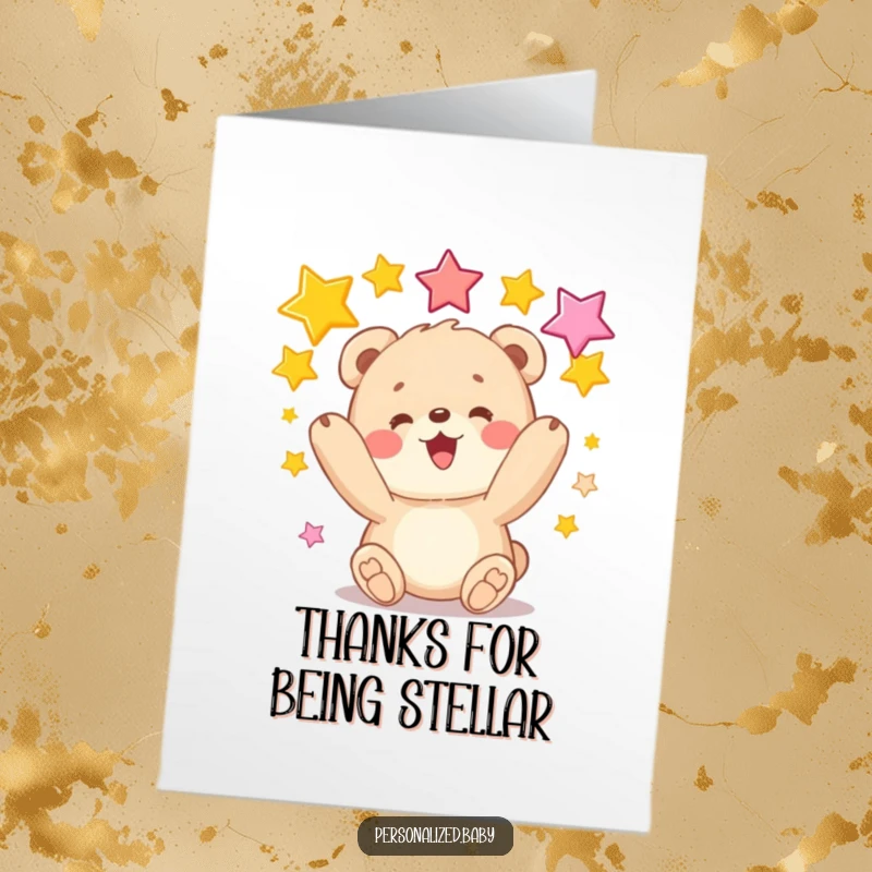 Funny Free Printable Thank You Card featuring a happy bear cub juggling colorful stars. DIY digital thank you note.